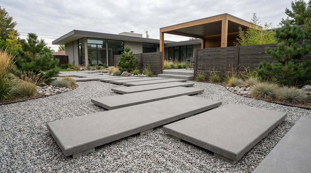 Large-format concrete rectangles in neutral gray tones create modern stepping paths through gravel fields in a zen garden. The industrial material references urban context, with pavers floated above gravel level on hidden supports to emphasize their geometric forms as sculptural elements, bridging traditional zen gardens and contemporary minimalism through shared emphasis on essential forms.