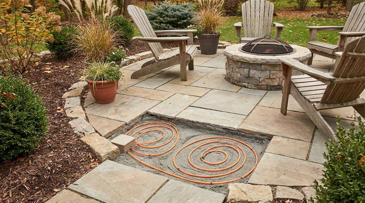 A close-up view of a radiant heating system installed beneath paver or tile patios in a cozy garden, showcasing electric mats or hydronic tubes that warm surfaces from below for barefoot comfort during shoulder seasons, with no visible equipment to maintain aesthetics and programmable controls for efficient use.