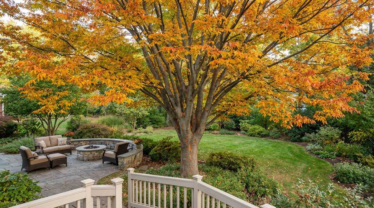A large vase-shaped Japanese Zelkova tree (Zelkova serrata) with fine-textured elm-like foliage turning vibrant yellow, orange, and red in autumn. The smooth gray bark exfoliates to reveal orange undertones, providing substantial shade and architectural presence in a garden setting. This disease-resistant tree adapts well to various soils and urban conditions, growing 50-80 feet tall with equal spread.