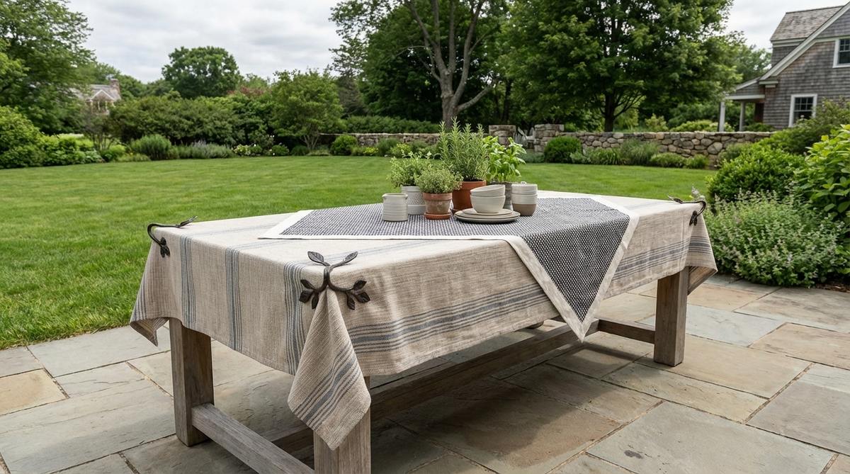 A stylish outdoor table setting featuring weather-resistant layered table linens with mixed patterns and textures. The image shows a solution-dyed tablecloth topped with a contrasting runner, secured with decorative corner clips to withstand breezy conditions. This refined setup demonstrates how layered linens can protect table surfaces while creating formal, seasonal outdoor dining atmospheres.