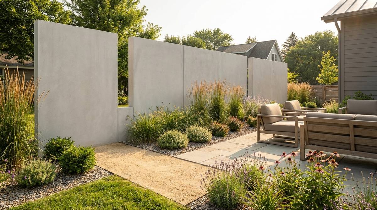 Large-format stone panels 4-8 feet tall used as privacy screens or architectural backdrops in a stone garden. Minimal joint lines create a sleek modern appearance with smooth granite, limestone, or engineered stone surfaces contrasting with textured plantings while maintaining clean sightlines.