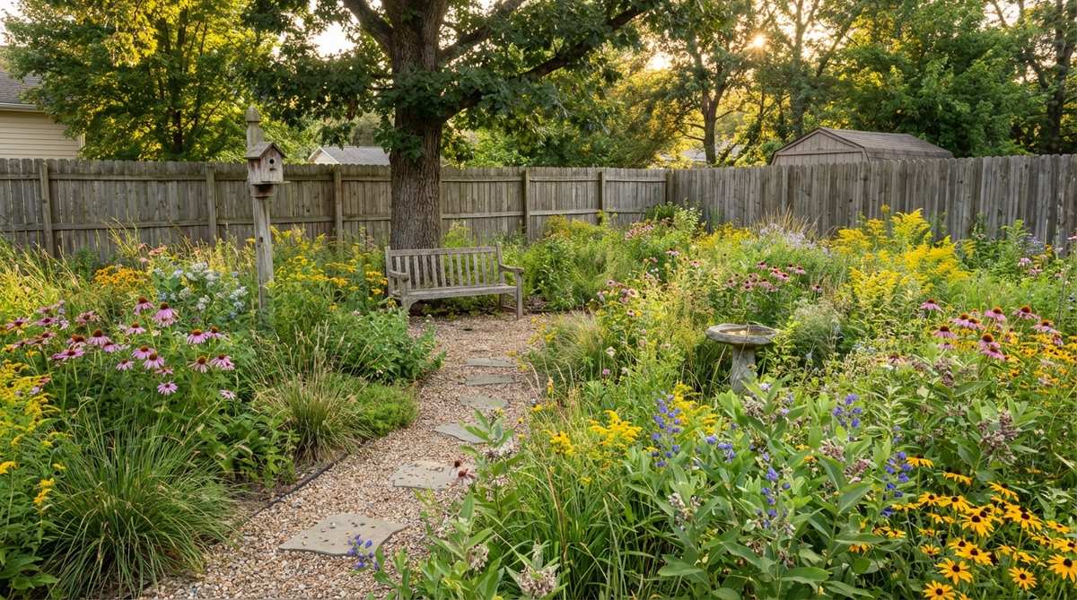 A small backyard garden transformed into a native wildflower meadow, showcasing colorful regional wildflowers that provide pollinator habitat while eliminating lawn maintenance like mowing, fertilizing, and irrigation.