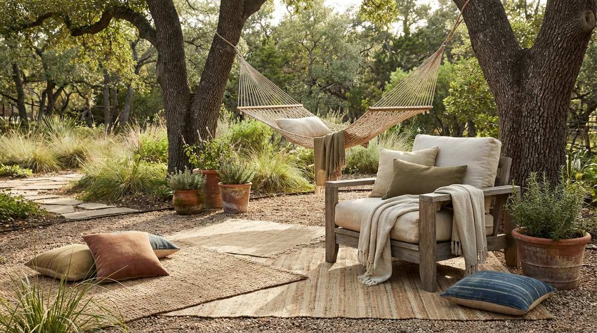 A boho garden scene featuring natural fibers like jute, sisal, cotton, and linen in furniture and textiles, showcasing organic textures and environmental values. The image highlights how these materials age gracefully with weathering, developing authentic patina that enhances the bohemian aesthetic.
