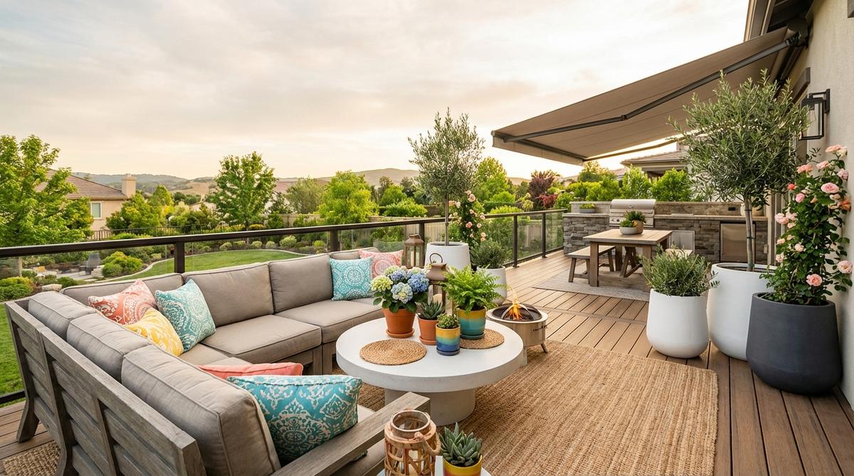 A balcony decor setup featuring a neutral base of beige, gray, and white, with bright accent colors in pillows, planters, and accessories. This flexible design allows for easy seasonal changes without replacing major furniture, accommodating evolving tastes and trends.