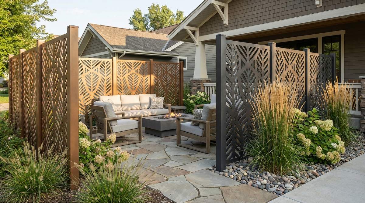 Laser-cut aluminum or steel panels with custom perforation patterns creating dynamic screens that filter views and light in modern garden settings. Features powder-coated finishes in coordinating colors, mounted in removable frames for easy maintenance.