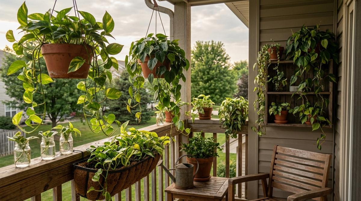 A lush collection of golden pothos and heart-leaf philodendron plants trailing gracefully from hanging baskets or shelves, ideal for balcony decor. These forgiving plants feature cascading vines that soften hard edges, with visible water needs and easy propagation from cuttings.