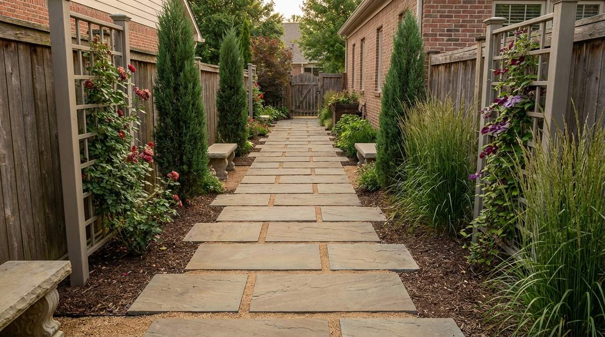 Rectangular pavers laid horizontally to create an illusion of width in a small garden space. The pavers are oriented perpendicular to the primary sight line, with consistent joint widths filled with polymeric sand. Vertical planting elements complement the horizontal layout to maintain proportion in narrow side yards.