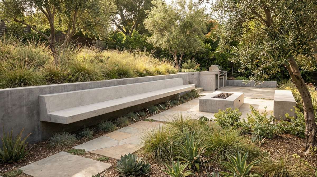 A built-in concrete bench integrated into a retaining wall in a modern garden, showcasing permanent seating with clean architectural lines and minimal furniture clutter.