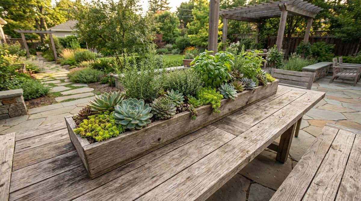Long narrow wooden planter boxes filled with succulents and herbs arranged as a table centerpiece. The living arrangement provides a low-maintenance decorative element that can also serve as a source of fresh ingredients.