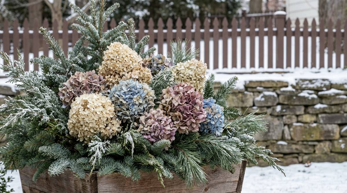 A sophisticated winter garden arrangement featuring dried hydrangea blooms in muted tans, blues, and pinks combined with fresh evergreen branches. The textural contrast between papery dried petals and soft evergreen needles creates a sustainable seasonal display that extends garden interest beyond traditional growing periods.