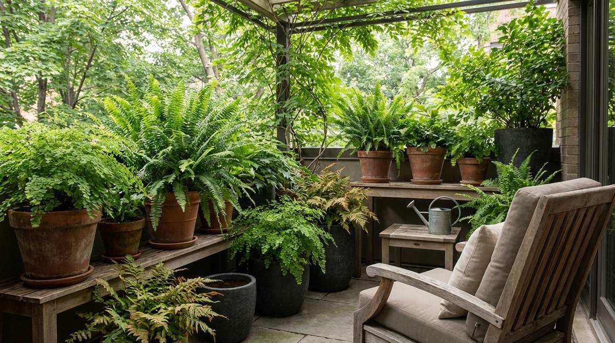 Shade-tolerant ferns like Boston, maidenhair, and autumn fern with lush foliage texture, creating a woodland ambiance on shaded balconies. Grown in partial to full shade with rich, acidic potting mix, requiring high humidity and consistent moisture.