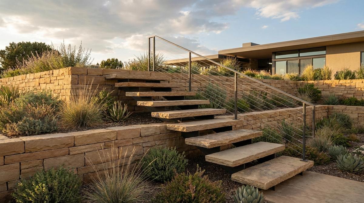 Cantilevered stone treads creating the illusion of floating stairs in a contemporary stone garden, with minimalist architectural details and steel reinforcement for structural safety in hillside properties.