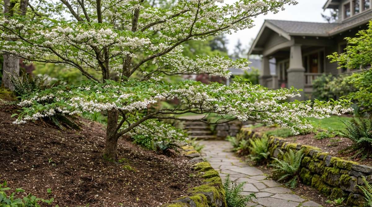 Styrax japonicus, commonly known as Japanese snowbell, showcasing its elegant horizontal branching tiers and pendulous white bell-shaped flowers that dangle beneath the branches in late spring. This small ornamental tree, growing 20-30 feet tall, creates a beautiful understory canopy effect best viewed from below, making it ideal for planting on slopes or beside garden paths where its delicate blooms can be fully appreciated.
