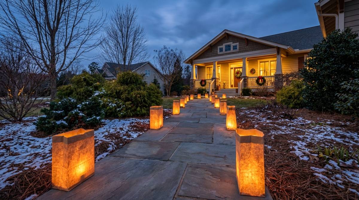 Traditional luminaria bags with LED candles lining a walkway for warm, flickering Christmas lighting, spaced every 3-4 feet for consistent illumination and safety.