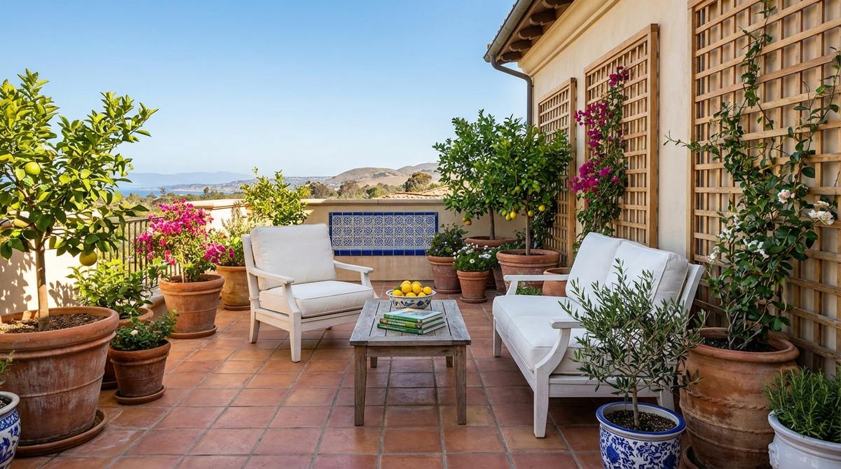 A warm and inviting balcony scene featuring terracotta pots and tiles with blue accents, evoking Mediterranean coastal villages. White furniture and natural wood elements complete the earthy palette, ideal for sunny balconies with southern exposure.