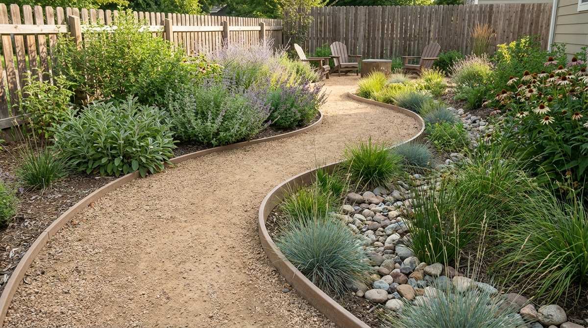 A crushed stone pathway in a small garden, edged with bender board to manage stormwater and prevent gravel migration, showcasing an informal and sustainable design.