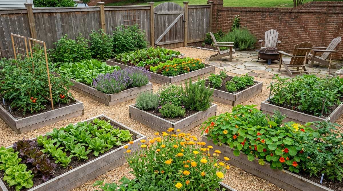 A decorative French kitchen garden design featuring geometric patterns of vegetables, herbs, and edible flowers, ideal for small backyards to combine food production with visual appeal.