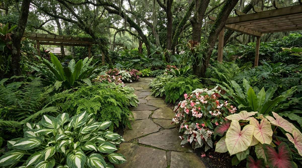 A lush tropical shade garden featuring ferns, hostas, begonias, and caladiums thriving in low-light conditions. The image showcases vibrant foliage textures and colors, with white and light-colored plants brightening dark corners, creating a serene retreat without direct sunlight.