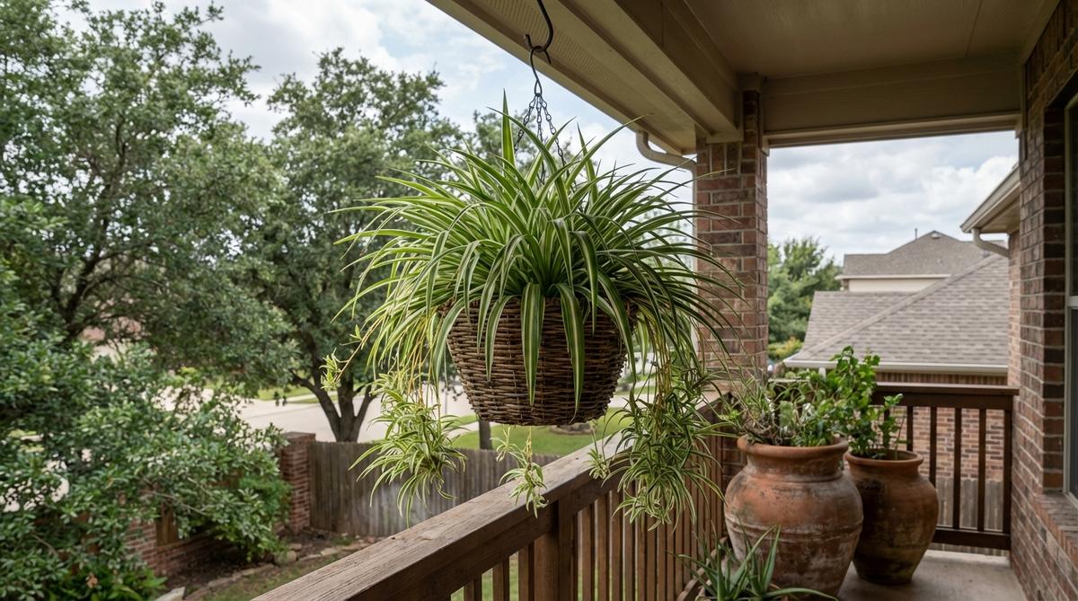 A spider plant in a hanging basket, showcasing its arching green and white striped foliage and cascading plantlets, ideal for balcony decor as an air-purifying and low-maintenance option that adds movement and visual interest.