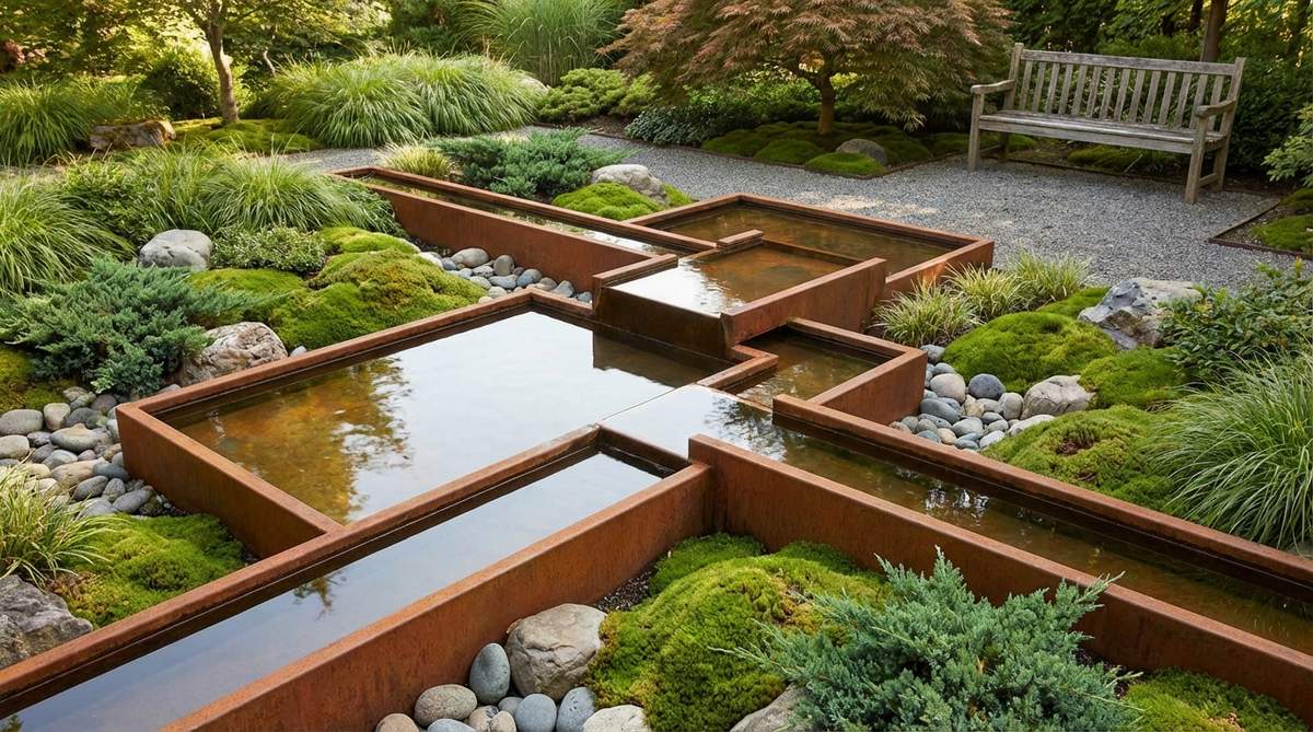 A geometric water feature made from weathering steel (Cor-ten) with a rich orange patina, contrasting with surrounding green plantings in a zen garden. The design features clean-edged water channels or reflecting pools that demonstrate intentional weathering for wabi-sabi character.