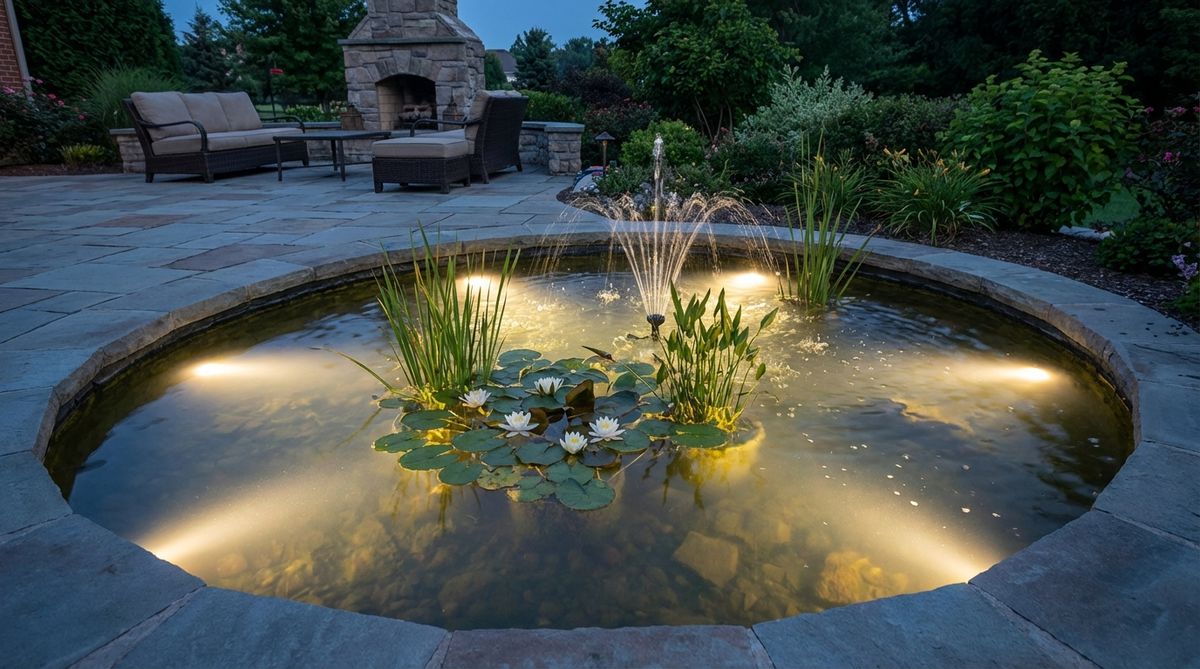 Waterproof LED submersible pond lights submerged beneath water surfaces, creating glowing illumination effects that highlight aquatic plants and fountain dynamics in garden water features.