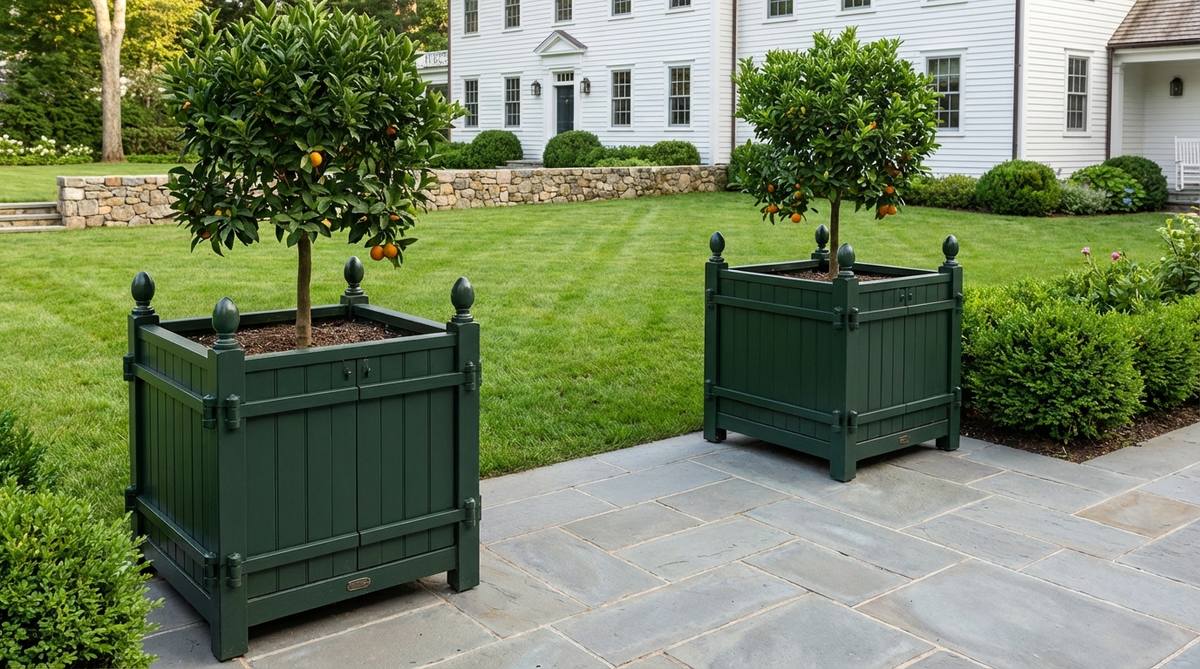 Square wooden Versailles planters with paneled sides and finial-topped corner posts, painted in white, forest green, or black. Ideal for topiary or citrus trees flanking entryways and terraces, featuring removable side panels for root pruning. Constructed from rot-resistant cedar or teak with marine-grade hardware for durability.