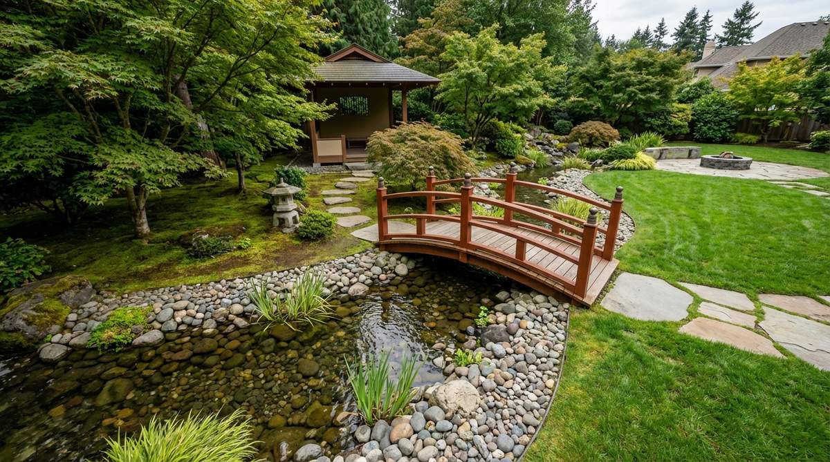 A serene Japanese garden scene featuring a stream or pond with a traditional bridge crossing, illustrating how water forms a clear boundary that divides garden zones and guides movement through ceremonial transitions.