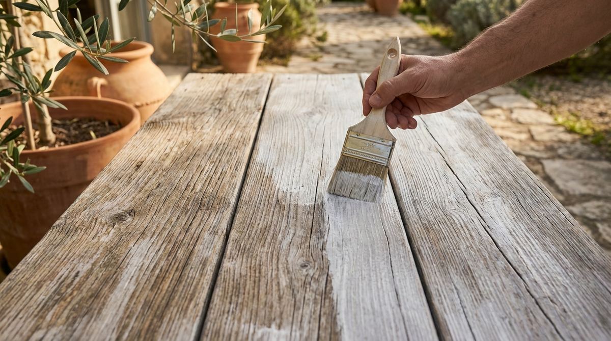 A close-up image showing the application of a diluted white paint wash on a weathered wooden surface, highlighting the visible wood grain and variations in coverage that create a vintage, coastal Mediterranean aesthetic for a boho garden.