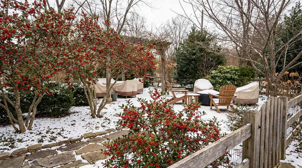 Deciduous holly with vibrant red berries persisting through winter after leaves drop, providing seasonal color and wildlife interest in a cozy garden setting.
