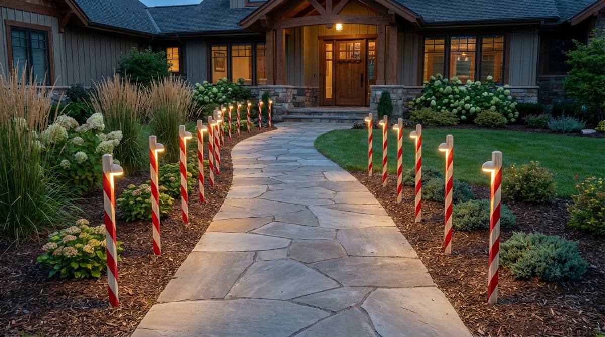 Alternating candy cane stakes along walkways create playful borders that define circulation routes while adding vertical elements at ground level. The repetitive pattern establishes visual rhythm leading to your entrance. Install stakes at consistent intervals in alternating directions to create dynamic movement. LED-lit versions provide functional wayfinding after dark.