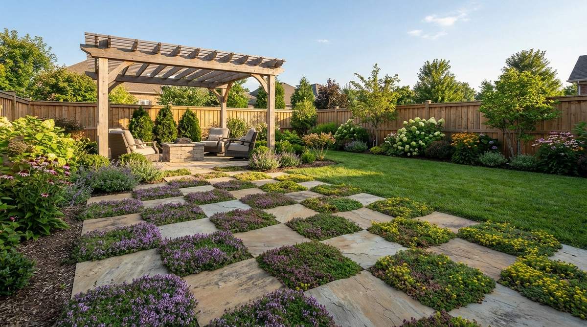 A garden design showing alternating solid pavers with planted squares of low groundcover like creeping thyme or sedum, creating a checkerboard pattern that reduces paved area by 50% while maintaining walkability. The mixed surface helps lower temperatures by 10-15°F compared to solid surfaces, with plants adding fragrance when stepped on.