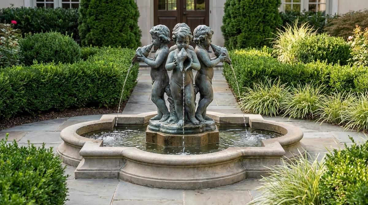 A decorative cherub fountain made of bronze or stone, depicting classical children or putti holding shells or vessels with flowing water. Ideal as a centerpiece in courtyards or alcoves in formal gardens, adding a playful touch to traditional designs. Heights range from 24 to 50 inches to suit various garden scales.