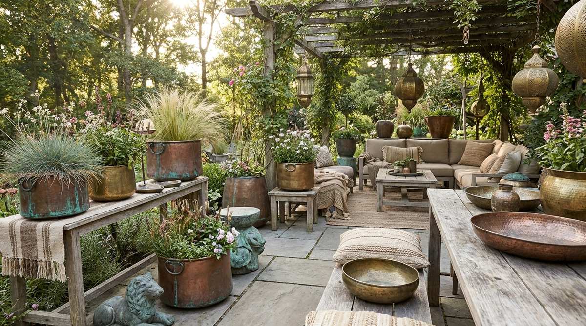 A boho garden scene featuring warm copper and brass metallics, including planters, lanterns, and decorative objects with natural verdigris patina, adding refined glamour and bohemian authenticity.