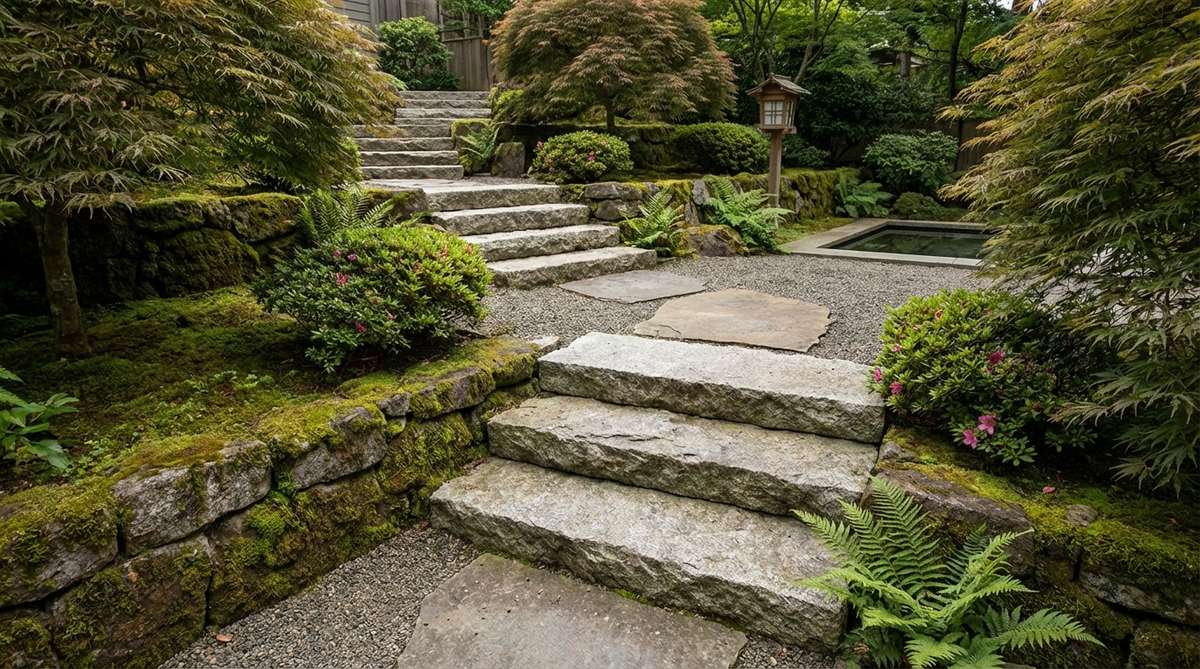 Stone steps in a Japanese garden, designed to climb or descend between level areas, physically separating zones and reinforcing psychological distinction. The steps vary in dimensions to prevent monotony, with occasional deeper treads allowing for pauses while maintaining momentum, encouraging mindful movement.