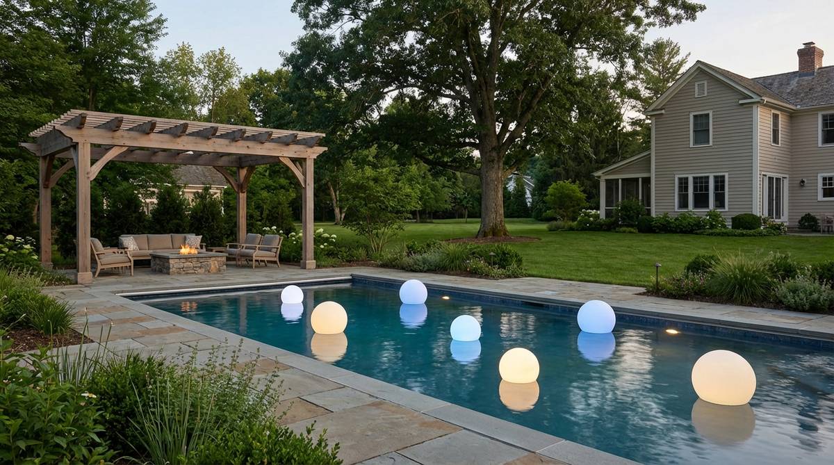 Spherical LED lights floating on a pool surface, providing dynamic illumination for garden decor and events, with rechargeable batteries for portable use.