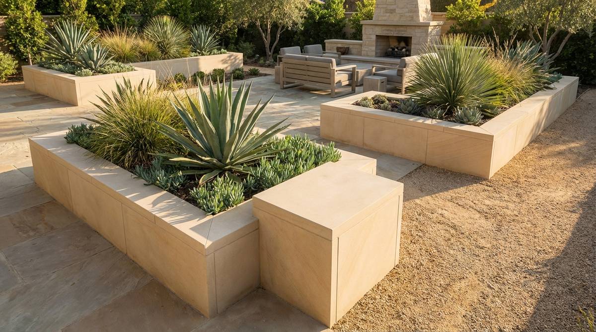 A modern stone garden featuring precisely cut geometric planters with crisp corners and level surfaces, framing specimen plants as living sculptures. The cubic and rectangular planters are constructed from matching stone materials throughout the garden, with sizes proportional to the mature dimensions of the plants they contain.