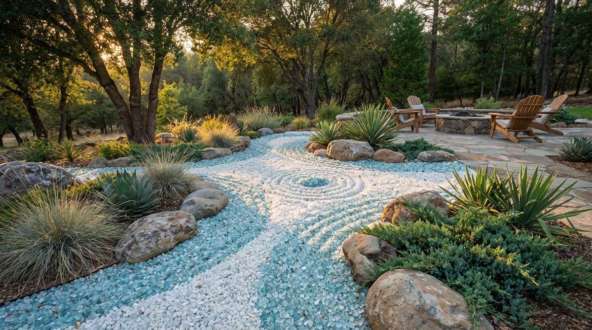 Recycled glass aggregate in white or soft blue tones replacing traditional stone gravel in a zen garden, glowing in evening light with raking patterns visible.