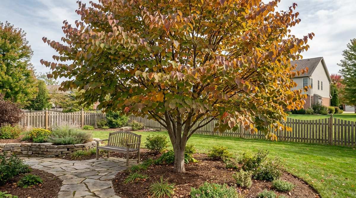 A mature Katsura tree (Cercidiphyllum japonicum) displaying its pyramidal to rounded form with heart-shaped leaves transitioning through seasonal colors. The clean branching structure and smooth bark provide year-round visual interest, while the autumn foliage is known for releasing a distinctive cotton-candy or caramel fragrance.