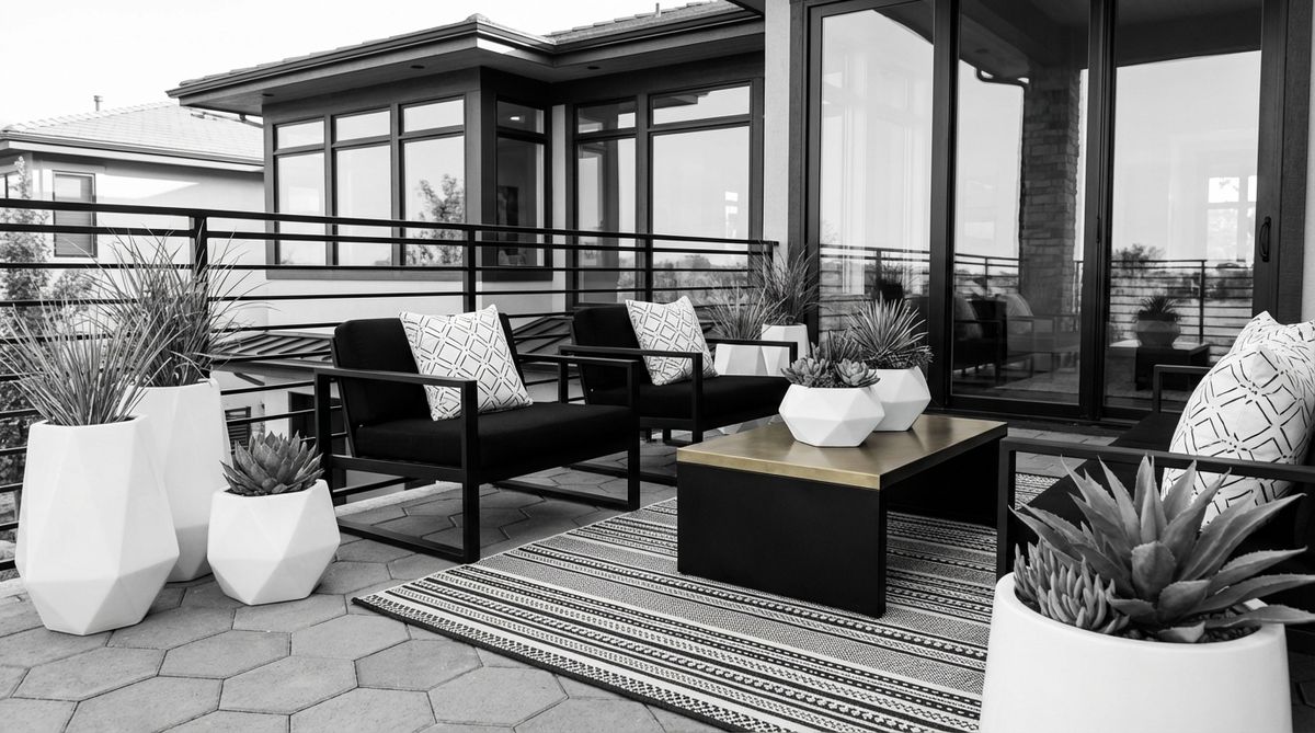 A high-contrast black and white balcony decor with geometric patterns, featuring black structural elements like furniture frames and white cushions and pots, accented with brass or chrome metallic details, ideal for modern architecture and minimalist aesthetics.