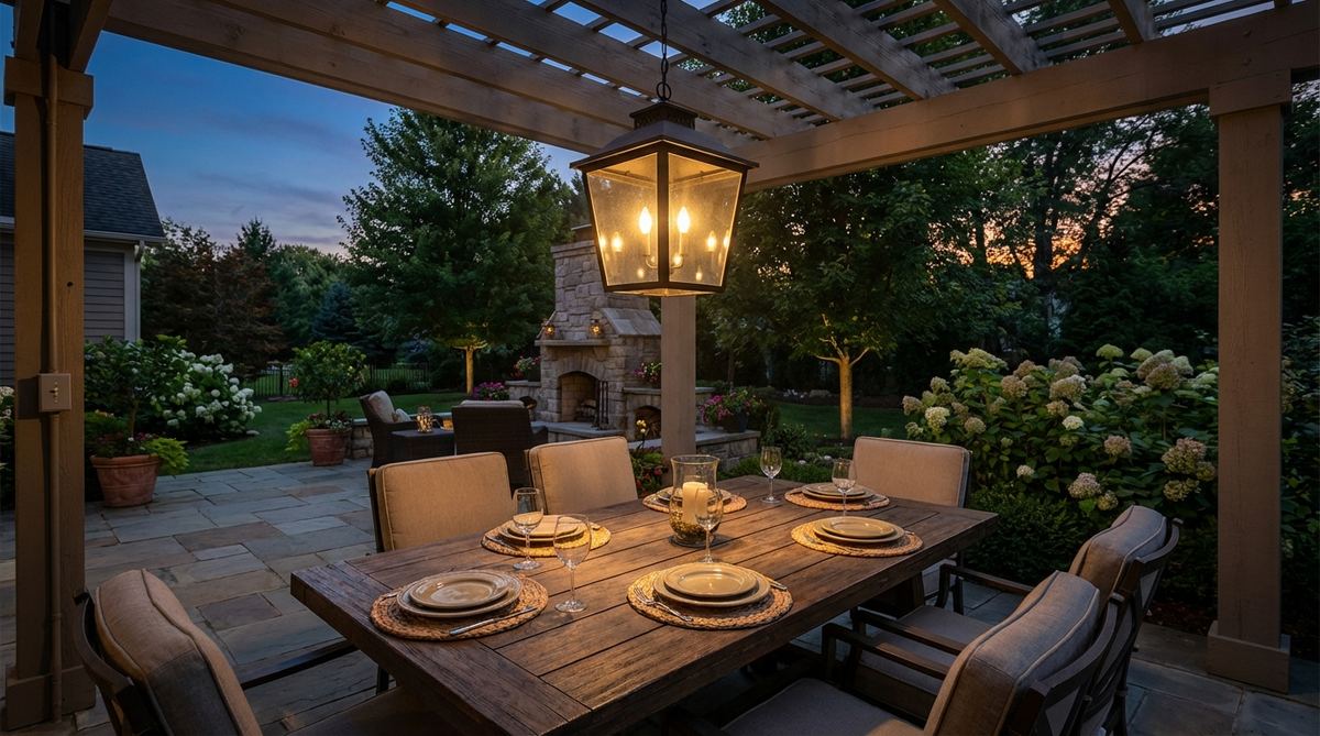 A weatherproof pendant light fixture suspended above an outdoor dining table, providing task lighting for comfortable evening meals. The light creates defined pools of illumination, designating the dining zone with sophisticated detail. Installed in a pergola ceiling with proper positioning 30-36 inches above the table surface, featuring dimmable options for adjustable ambiance.