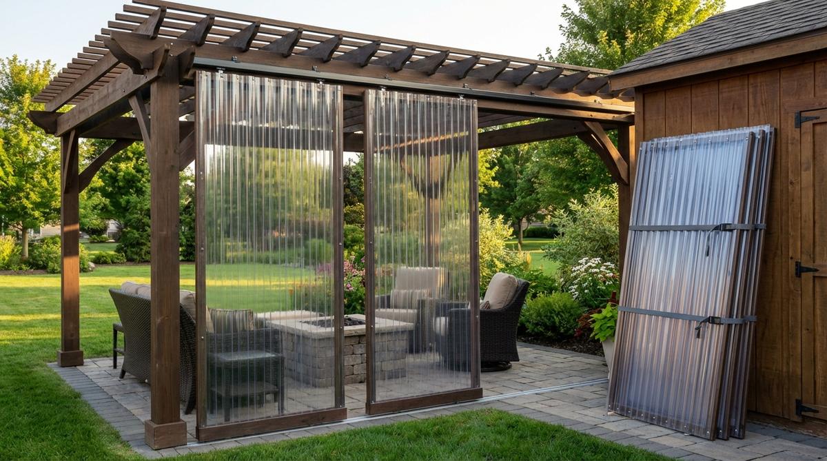 Clear polycarbonate storm panels installed on a pergola track system, showing how they create a temporary enclosure while maintaining garden views. The removable panels are stored nearby, demonstrating seasonal flexibility for a cozy garden space.