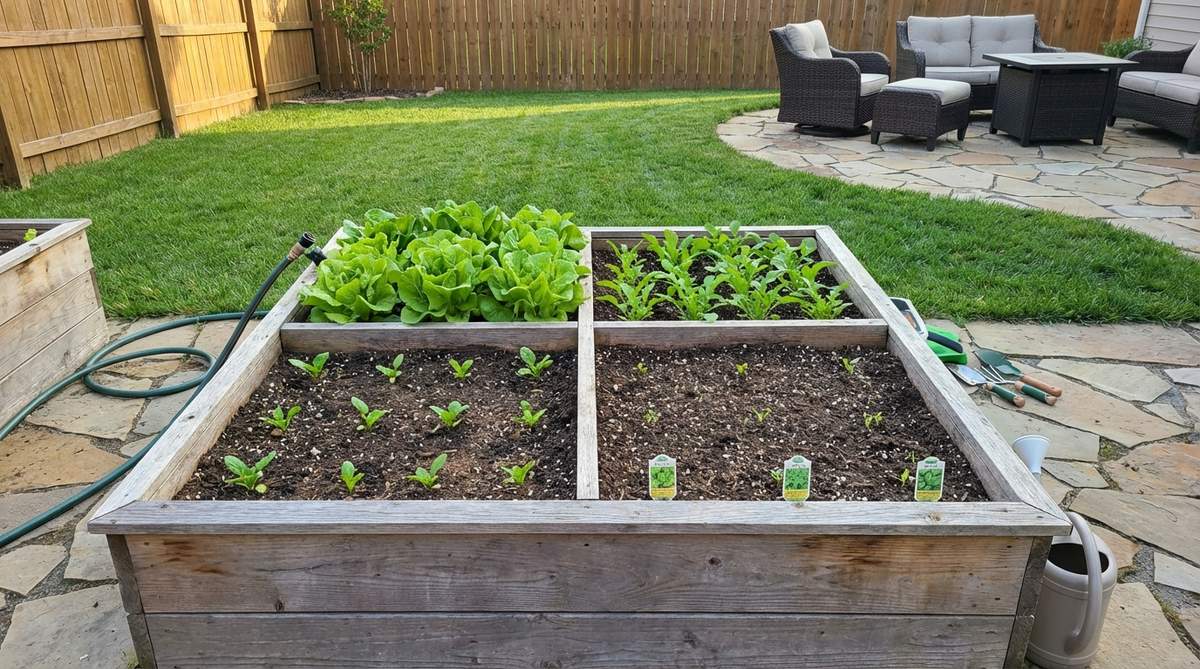 Illustration showing a 4x4 garden bed divided into four sections with lettuce, arugula, and spinach planted in succession every two weeks for continuous harvest from spring through fall in a small backyard garden design.