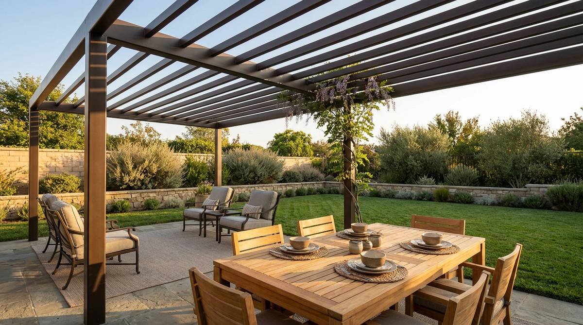 A modern outdoor dining area defined by a steel pergola with slender painted steel or powder-coated aluminum members, casting delicate shadows. The structure provides partial shade with roof beams spaced 18-24 inches apart, and can be left open for stargazing or trained with vines for additional coverage.