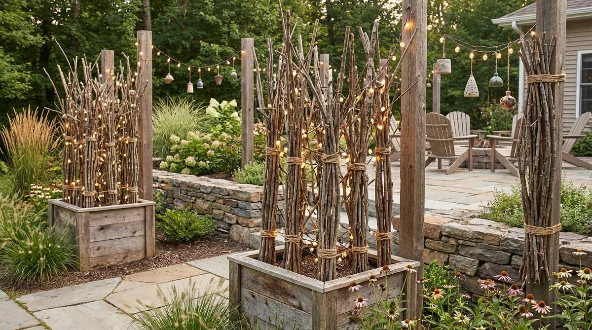 A rustic garden design featuring vertical accents made from bundled twigs and branches secured with twine. The natural sculptural elements are positioned in planters or attached to posts, decorated with string lights and small ornaments, blending formal landscape architecture with organic, environmentally conscious design.