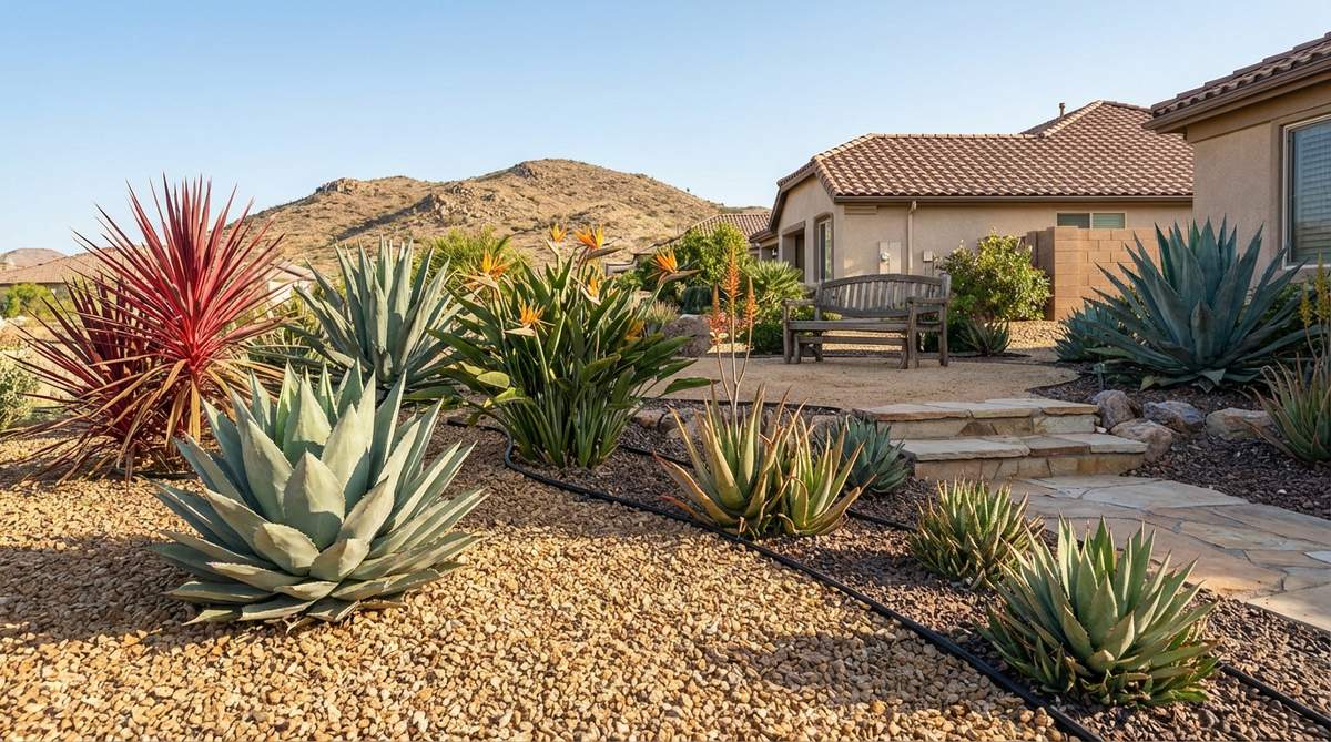A water-wise garden combining drought-tolerant succulents like agaves and aloes with tropical plants such as bird of paradise and red yucca, featuring gravel mulch and efficient drip irrigation in an arid climate setting.
