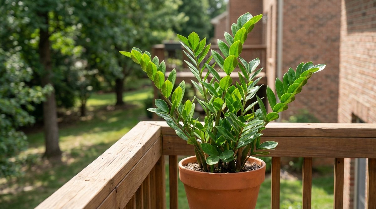 A ZZ plant specimen with glossy green leaflets, ideal for balcony decor due to its minimal care requirements. This drought-tolerant plant thrives in low to bright indirect light and grows slowly, maintaining its container proportions with infrequent repotting needs.