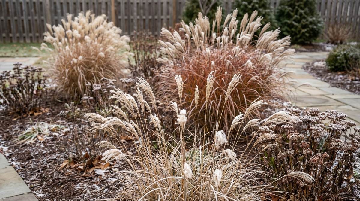 A close-up view of autumn ornamental grass, such as maiden grass or flame grass, showcasing its colorful fall plumes and dried seed heads that catch snow and frost, adding seasonal beauty and architectural form to a cozy garden during winter dormancy.