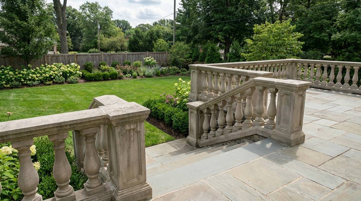 Architectural railings with turned balusters in stone or cast composites, used as garden decor ornaments to edge terraces, define steps, or border pathways. Features classical Renaissance design proportions, suitable for permanent hardscape installation or as ornamental bed edging.