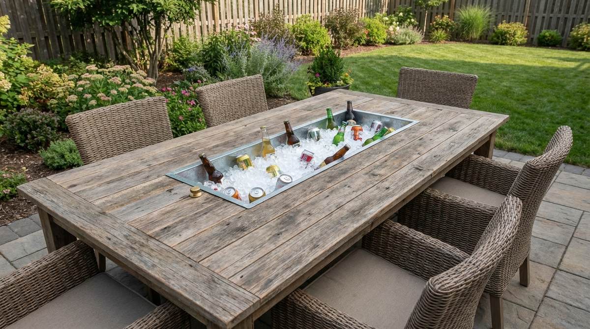 A custom outdoor dining table featuring a built-in cooler compartment in the center, designed to hold ice and beverages for convenient access during meals. The cooler is lined with galvanized metal and includes a drainage plug for easy cleanup, adding functional luxury to outdoor dining spaces.