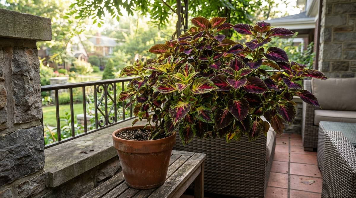 A coleus plant displaying vibrant foliage patterns in purple, red, yellow, and green combinations, suitable for balcony gardens. The plant is shown in partial shade conditions to maintain optimal color intensity, with a bushy form achieved through regular pinching of growing tips and flower buds.